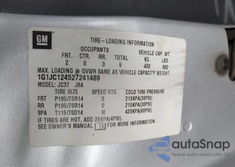 2002 Chevrolet Cavalier из США, поврежденный, VIN 1G1JC124527241489